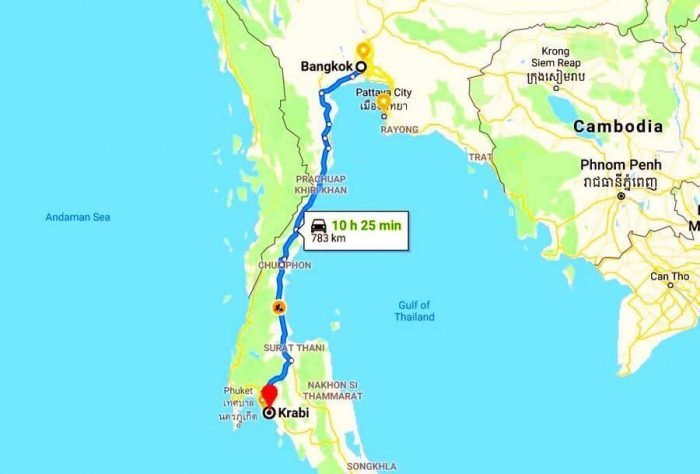 Distance between Krabi and Bangkok by roads on the map