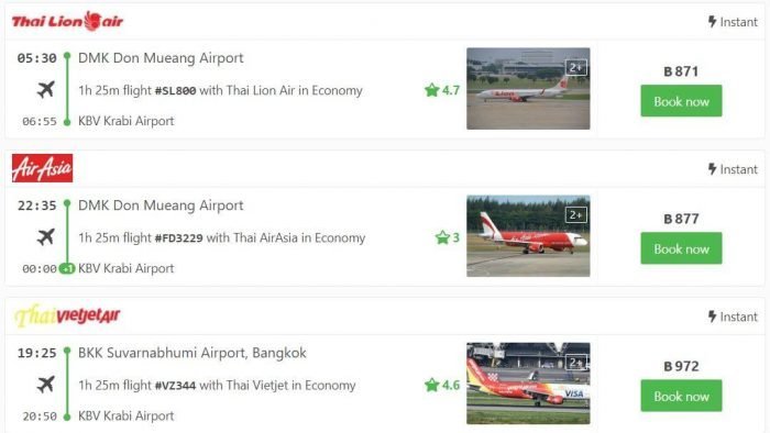 Flights from Bangkok to Krabi - many airlines, similar prices