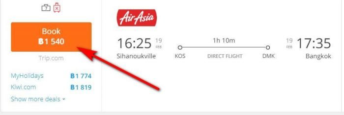 Daily flight from Sihanoukville to Bangkok - schedule