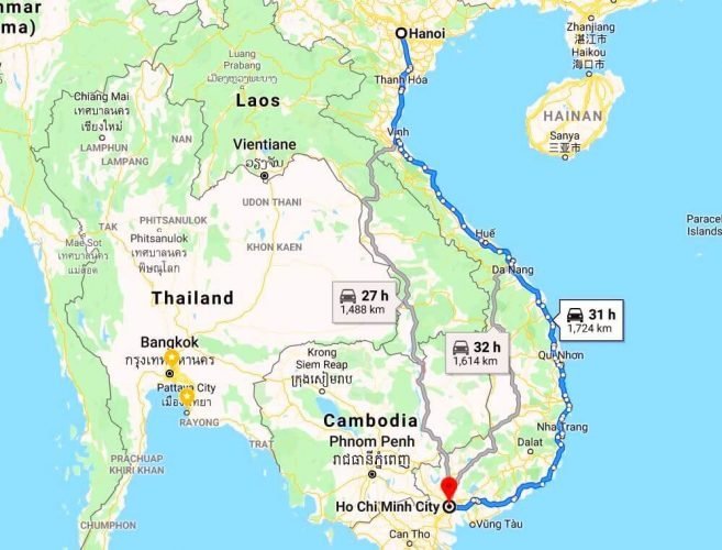 How to get from Hanoi to Ho Chi Minh City - distance on the map