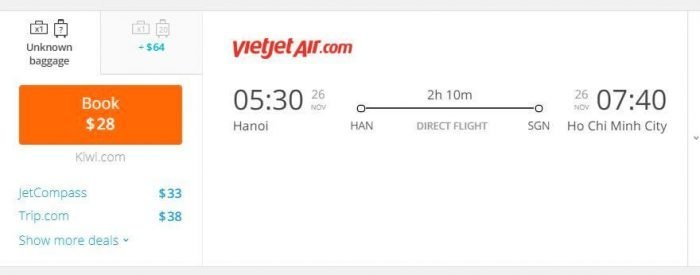 One-way flight Hanoi Ho Chi Minh City for 28 USD