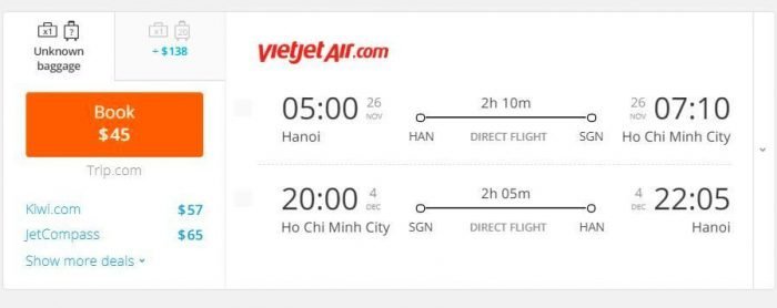 Round-trip flight Hanoi-Ho Chi Minh for 45 USD